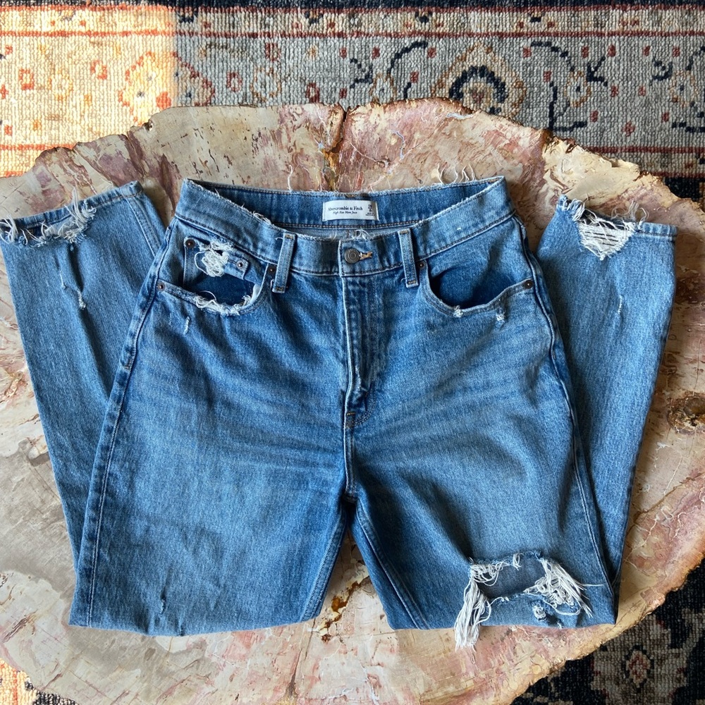 High rise distressed straight blue jeans